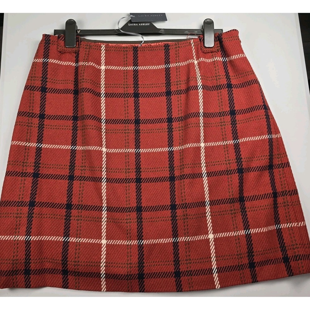 Laura Ashley red uk18 Burgundy Blue Plaid Wool Mix Tartan Skirt